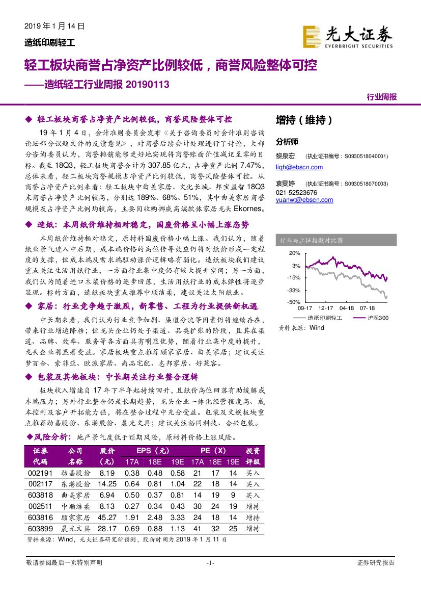 光大证券：<em>造纸</em>轻工行业周报：轻工板块商誉占净资产比例较低，商誉风险整体可控