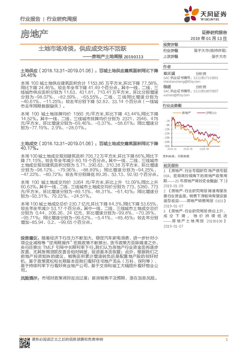 天风证券：房地产土地周报：土地市场冷淡，供应成交均不活跃