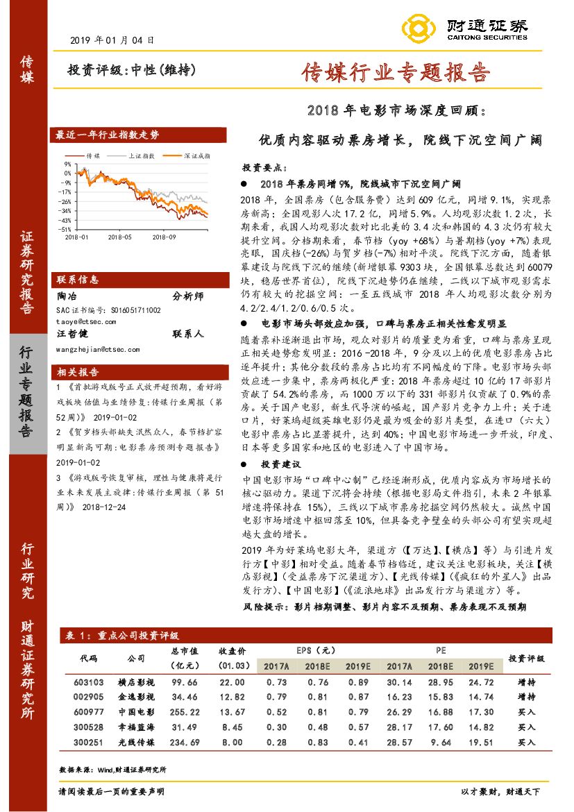 财通证券：2018年电影市场深度回顾：优质内容驱动票房增长，院线下沉空间广阔