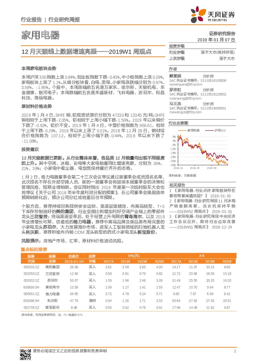 天风证券：家用电器行业研究周报：2019W1周观点：12月天猫线上数据增速亮眼