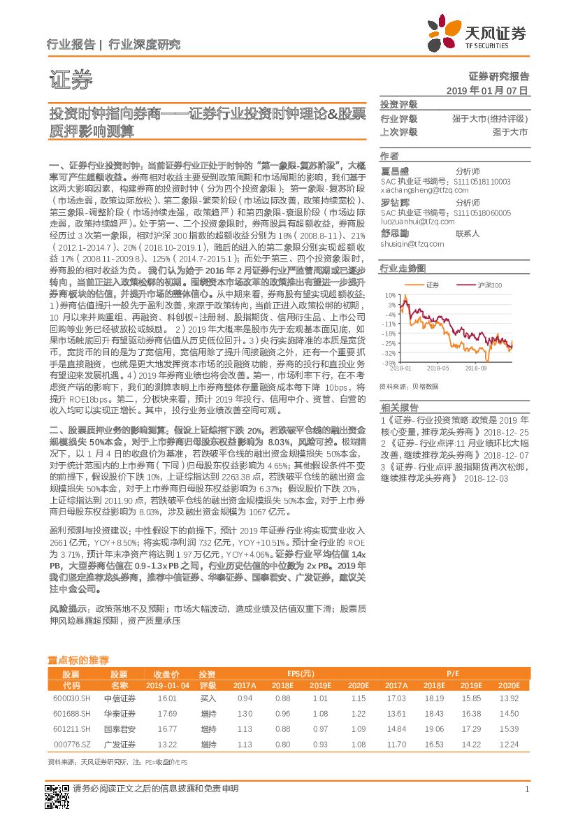 天风证券：证券行业深度研究：投资时钟指向券商——证券行业投资时钟理论&股票质押影响测算