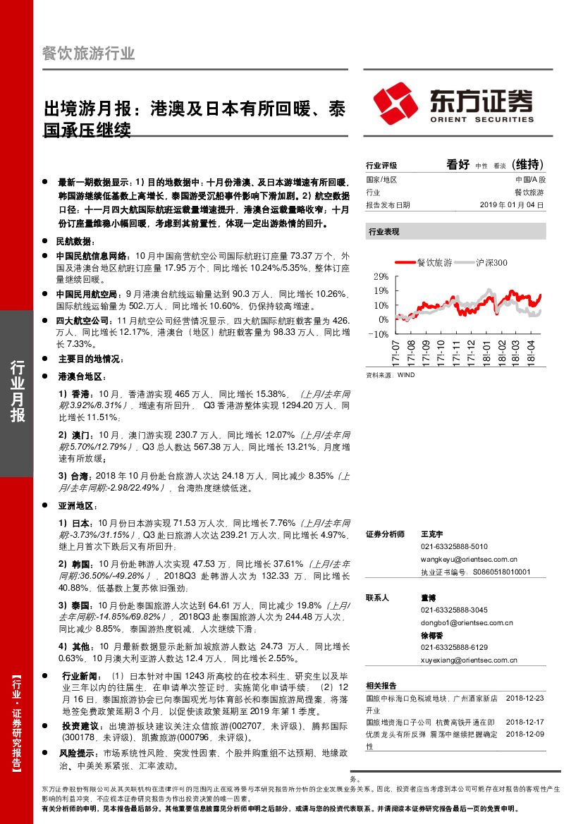 东方证券：餐饮旅游行业：出境游月报：港澳及日本有所回暖、泰国承压继续