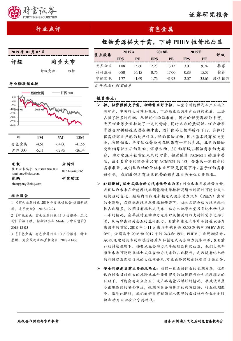 财富证券：有色金属行业点评：锂钴资源供大于需，下游PHEV性价比凸显