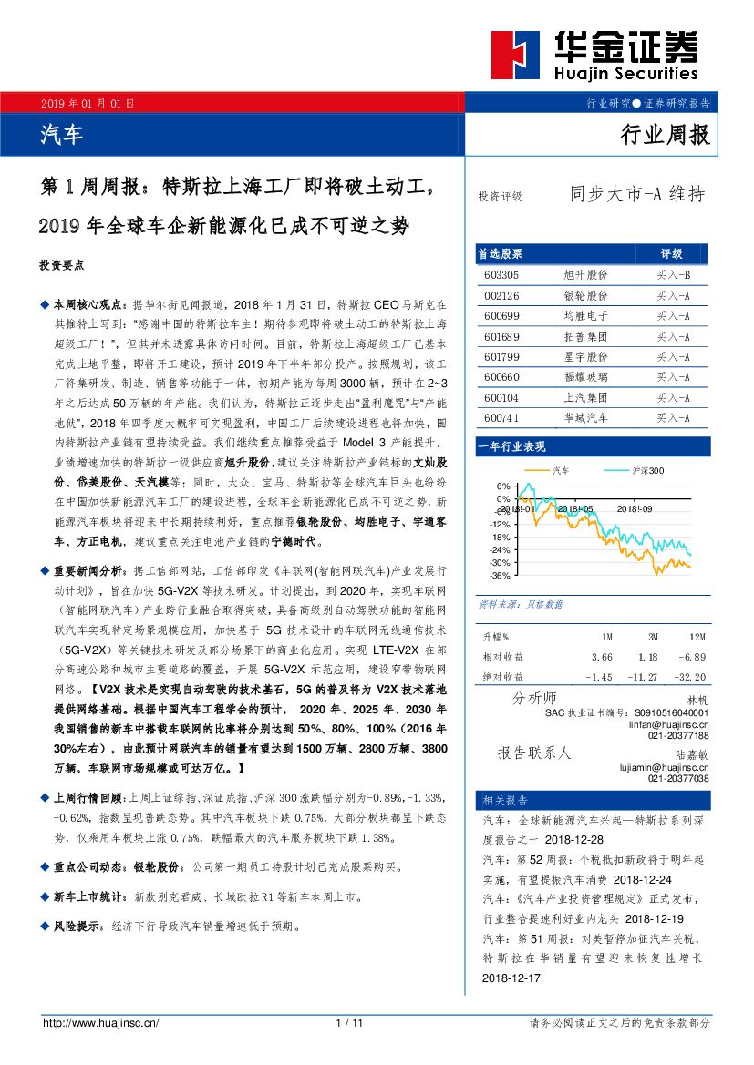 华金证券：汽车第1周周报：特斯拉上海工厂即将破土动工，2019年全球车企新能源化已成不可逆之势