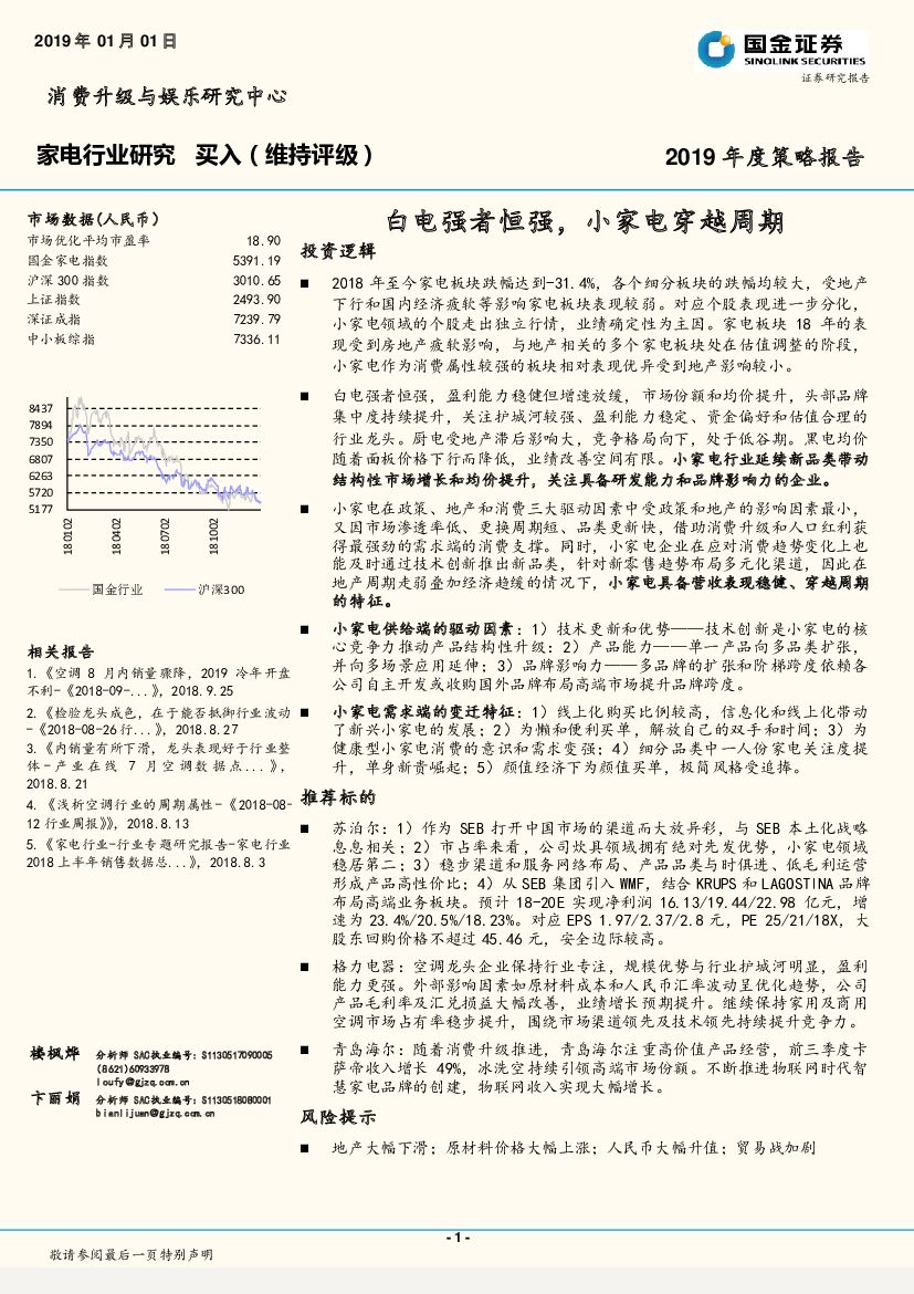 国金证券：2019年度策略报告：白电强者恒强，小家电穿越周期