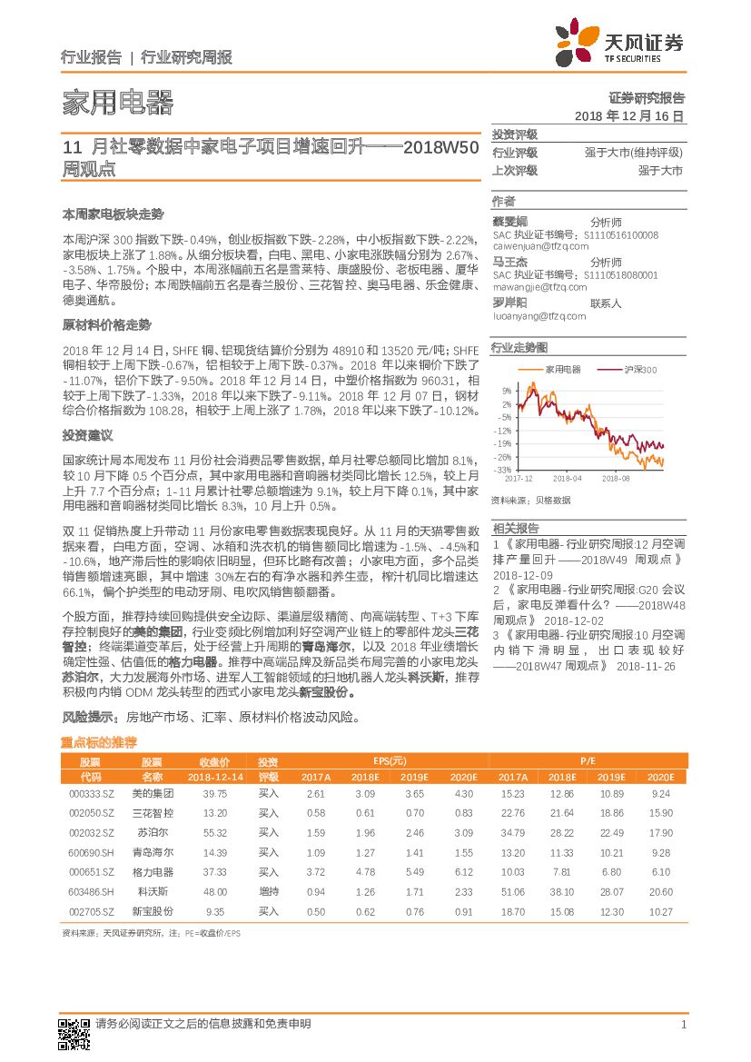 天风证券：家用电器2018W50周观点：11月社零数据中家电子项目增速回升