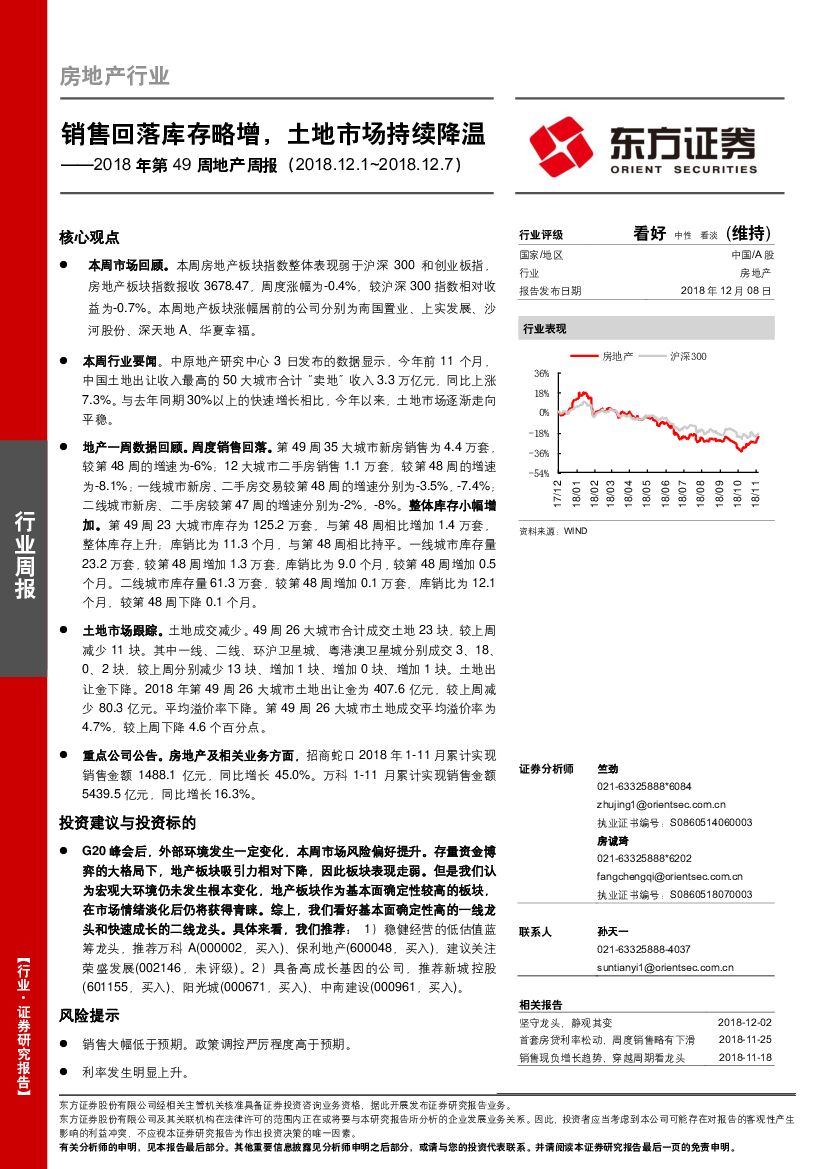 东方证券：2018年第49周地产周报：销售回落库存略增，土地市场持续降温