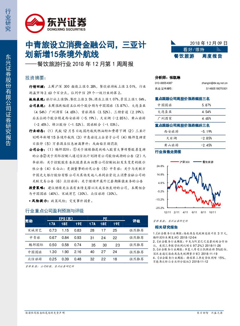 东兴证券：餐饮旅游行业2018年12月第1周周报：中青旅设立消费金融公司，划新增15条境外航线