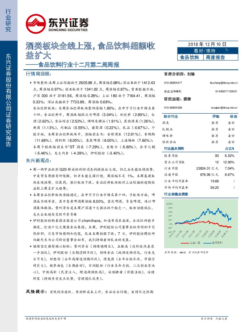 东兴证券：食品饮料行业十二月第二周周报：酒类板块全线上涨，食品饮料超额收益扩大