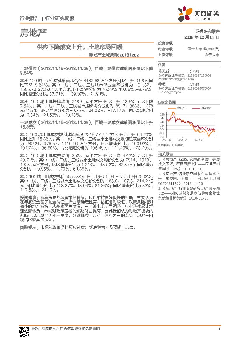 天风证券：房地产土地周报：供应下降成交上升，土地市场回暖