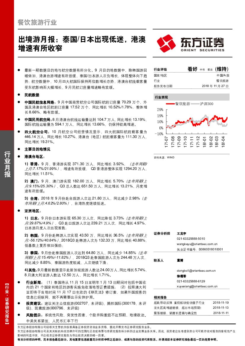 东方证券：餐饮旅游行业：出境游月报：泰国/日本出现低迷，港澳增速有所收窄