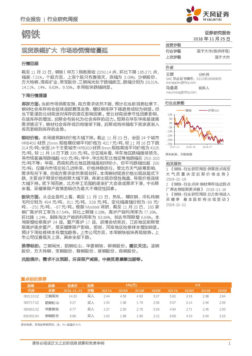 天风证券：钢铁行业研究周报：现货跌幅扩大市场恐慌情绪蔓延