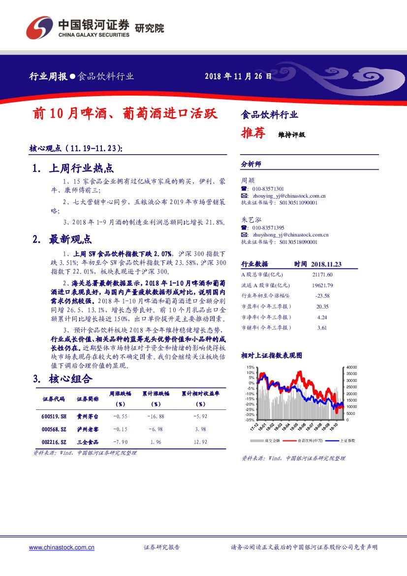 中国银河：食品饮料行业周报：前10月啤酒、葡萄酒进口活跃