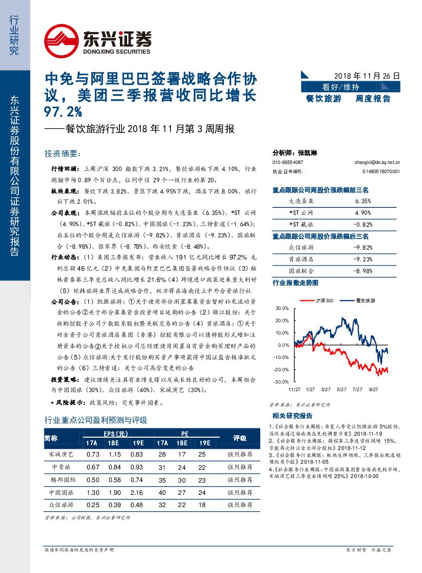 东兴证券：餐饮旅游行业2018年11月第3周周报：中免与阿里巴巴签署战略合作协议，美团三季报营收同比增长97.2%