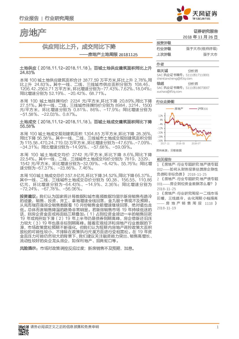 天风证券：房地产土地周报：供应同比上升，成交同比下降