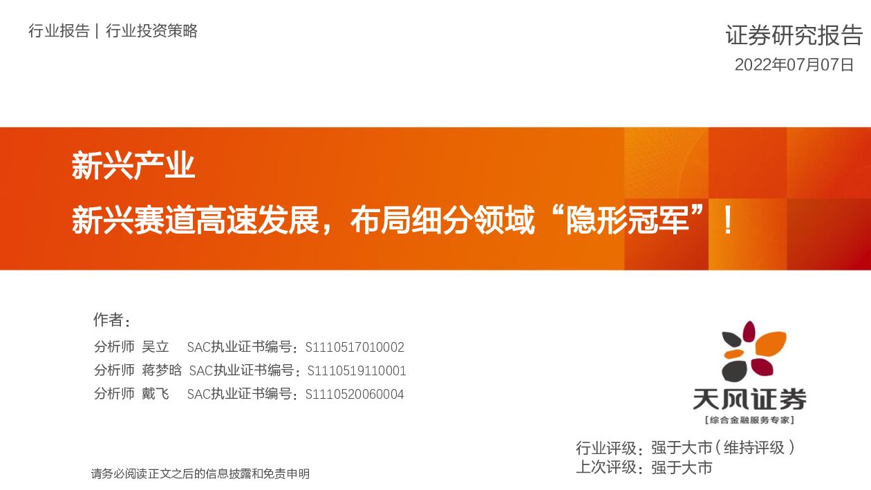 天风证券：新兴产业：新兴赛道高速发展，布局细分领域“隐形冠军”！ 海报