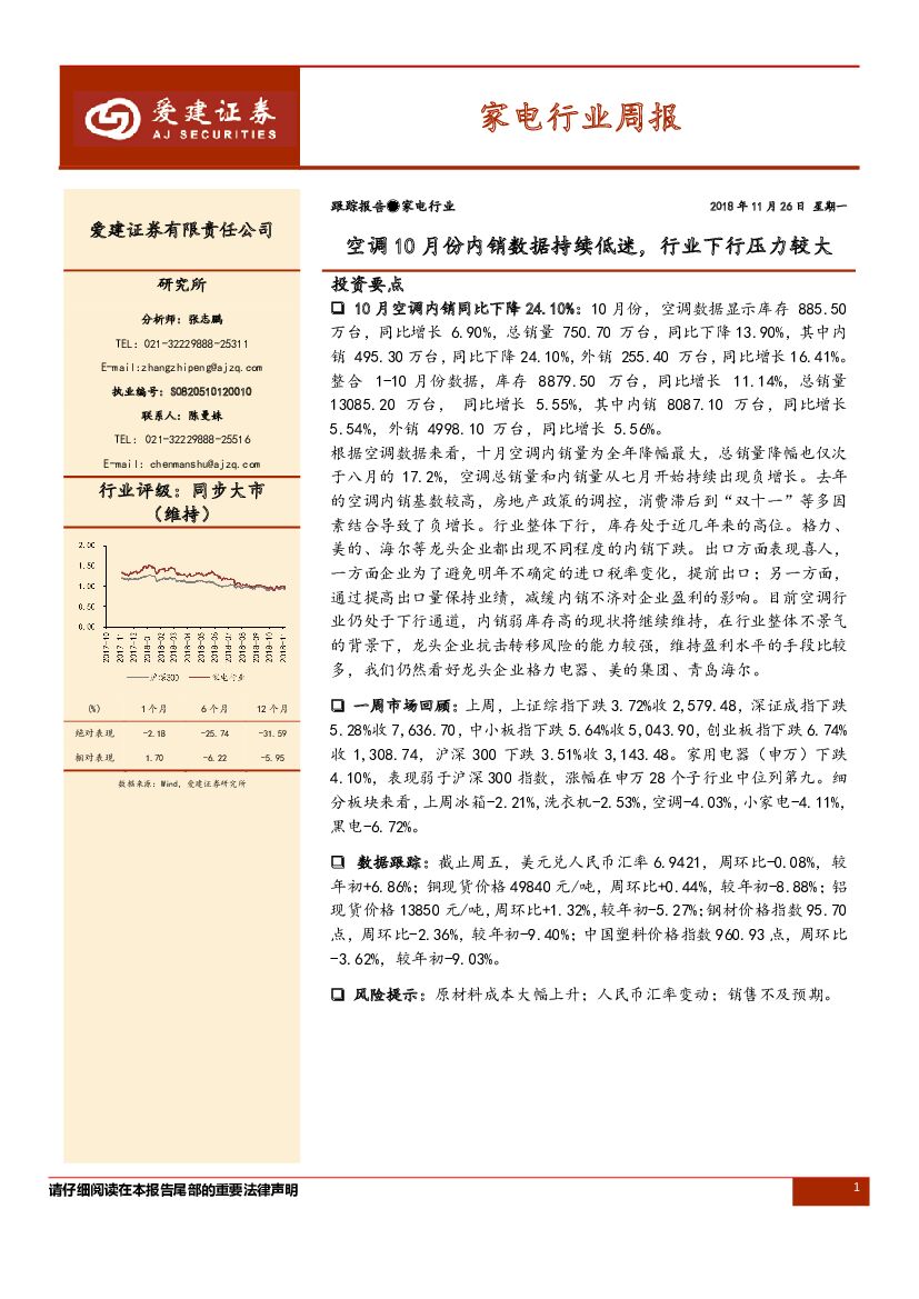 爱建证券：家电行业周报：空调10月份内销数据持续低迷，行业下行压力较大