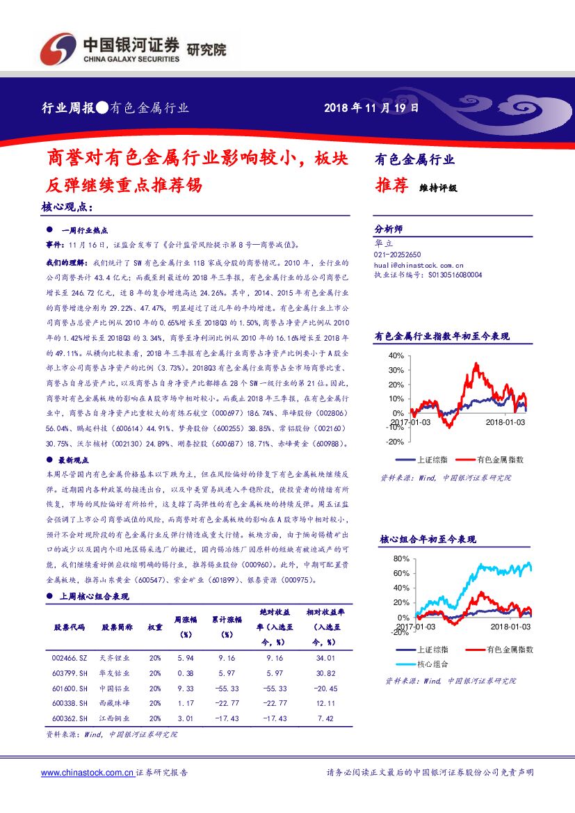 中国银河：有色金属行业周报：商誉对有色金属行业影响较小，板块反弹继续重点推荐锡