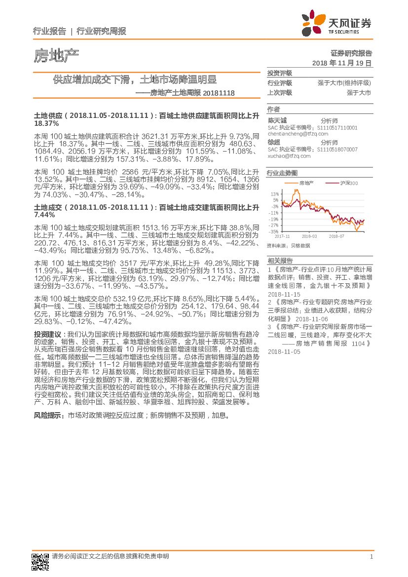 天风证券：房地产土地周报：供应增加成交下滑，土地市场降温明显