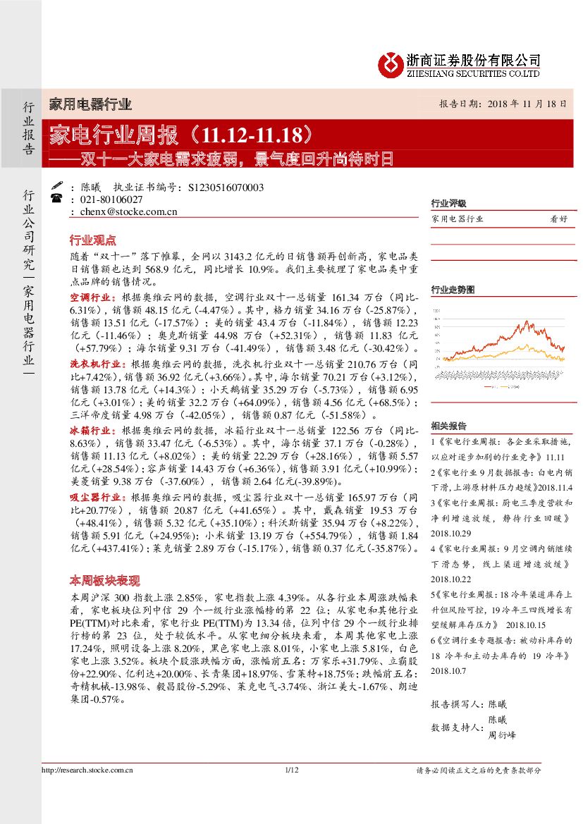 浙商证券：家电行业周报：双十一大家电需求疲弱，景气度回升尚待时日