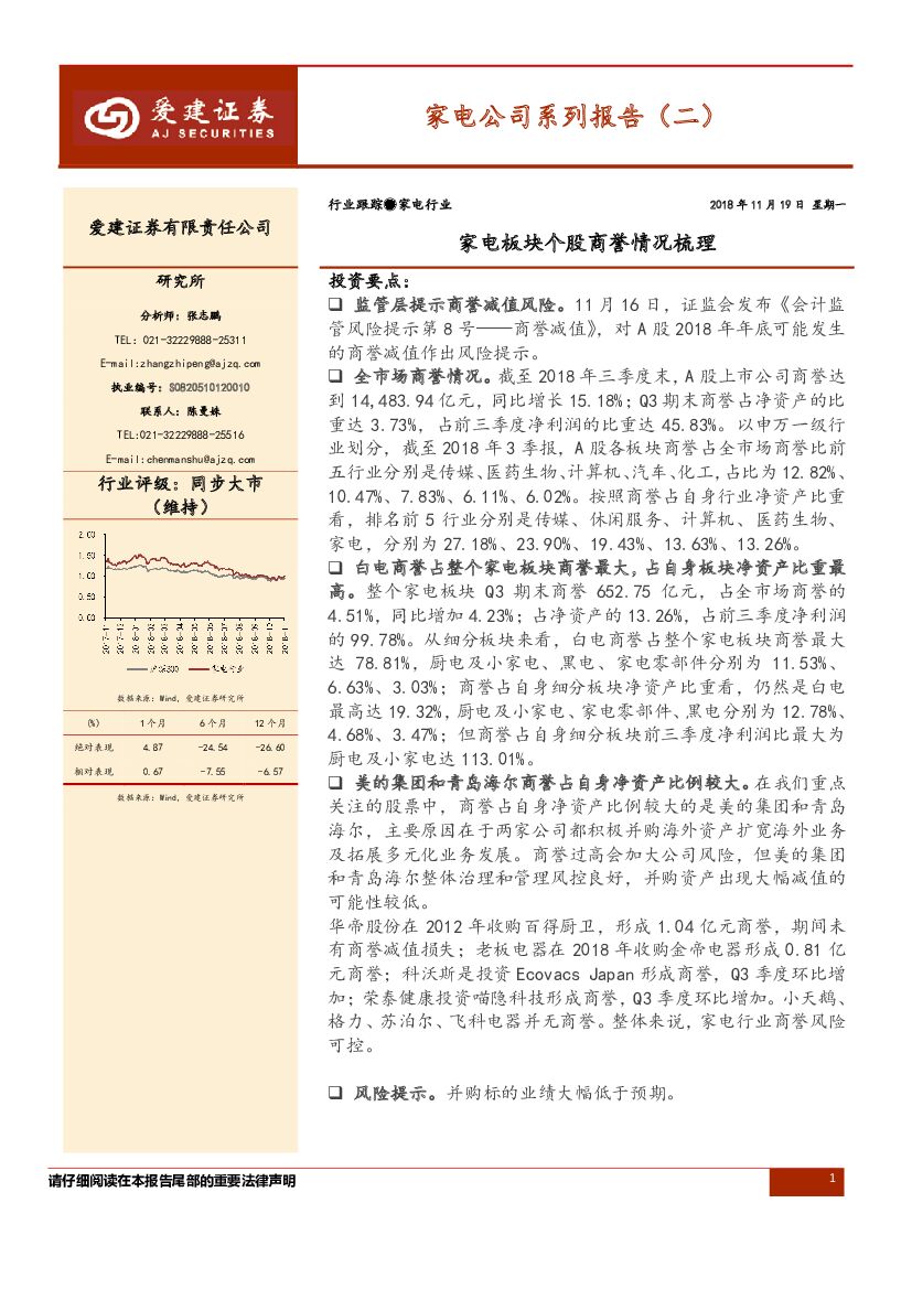 爱建证券：家电公司系列报告（二）：家电板块个股商誉情况梳理