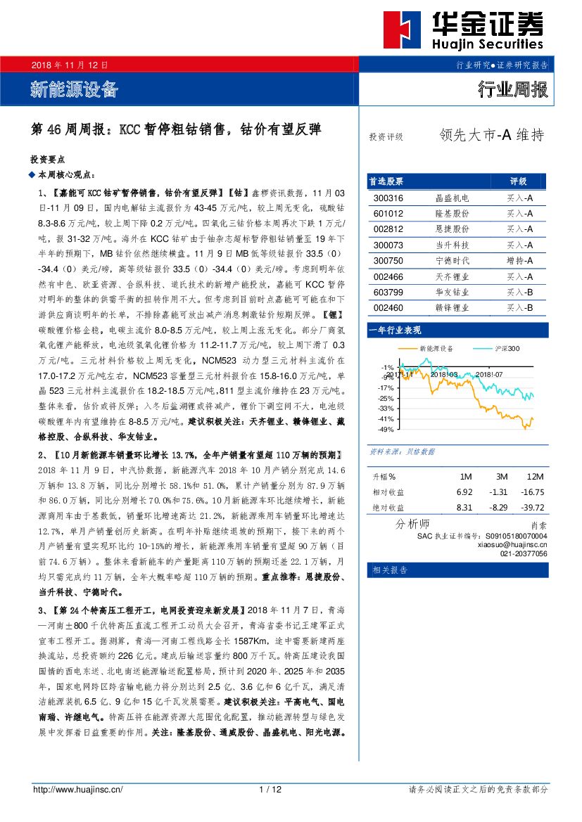 华金证券：新<em>能源</em>设备第46周周报：KCC暂停粗钴销售，钴价有望反弹 海报