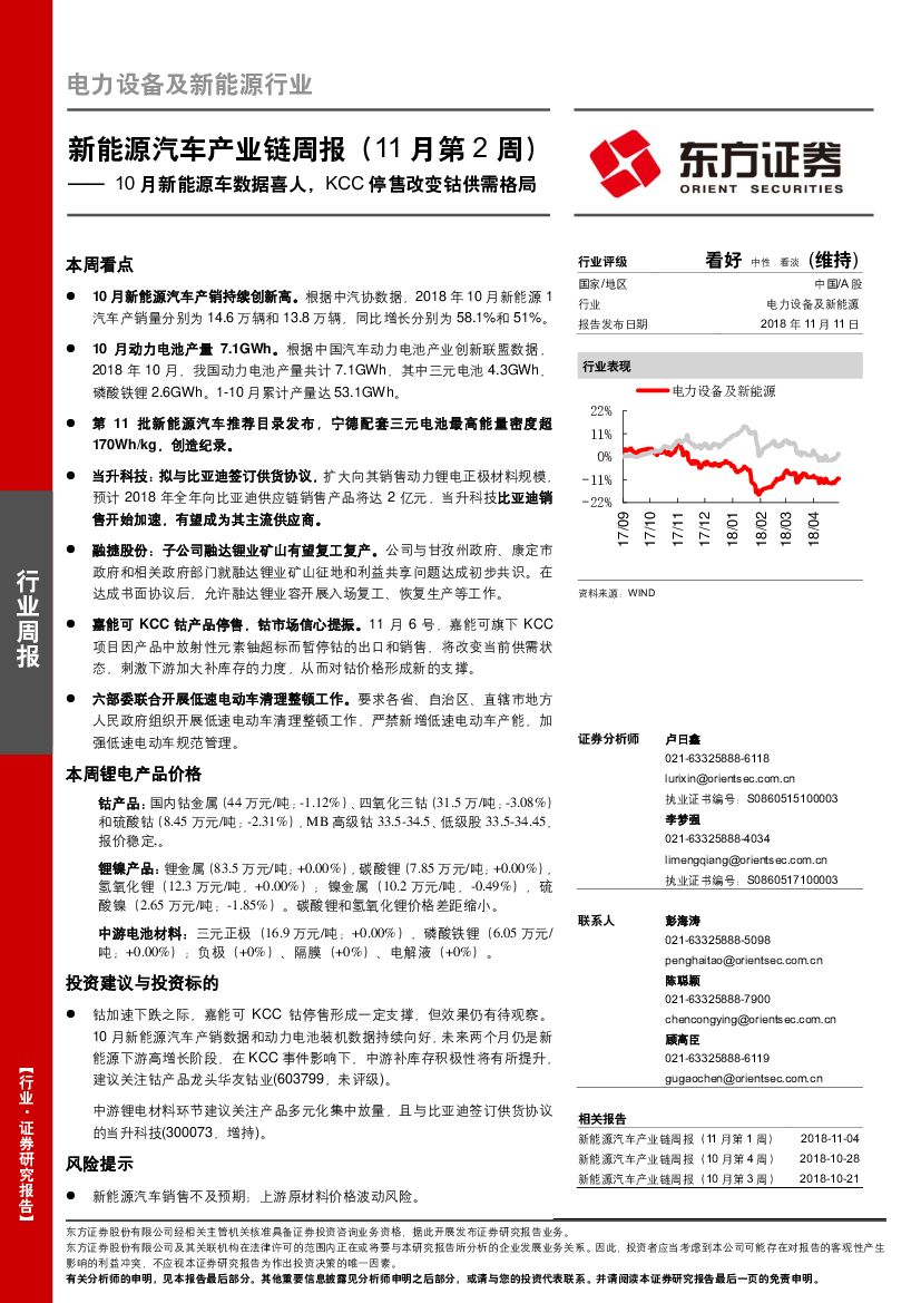 东方证券：新<em>能源</em>汽车产业链周报（11月第2周）：10月新<em>能源</em>车数据喜人，KCC停售改变钴供需格局 海报