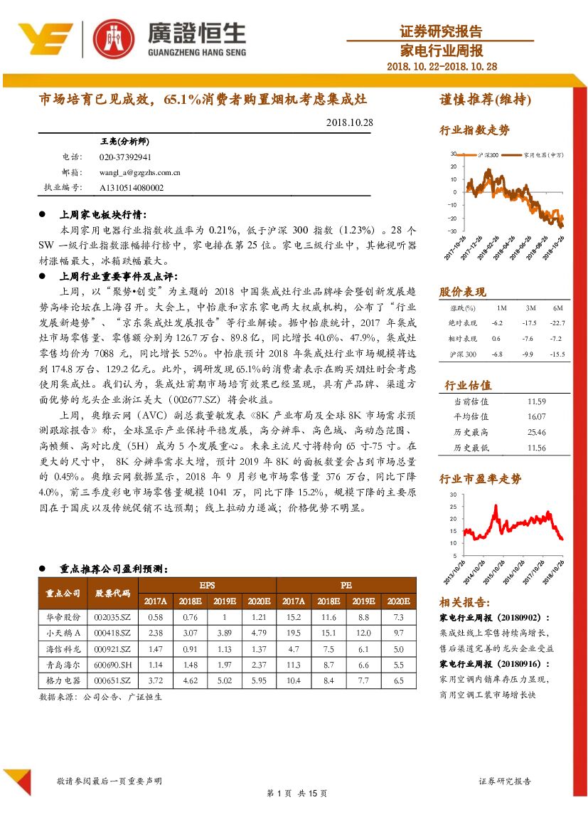 广证恒生证券研究所：家电行业周报：市场培育已见成效，65.1%消费者购置烟机考虑集成灶