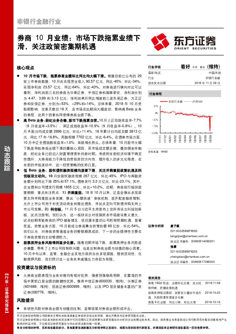 东方证券：券商10月业绩：市场下跌拖累业绩下滑，关注政策密集期机遇