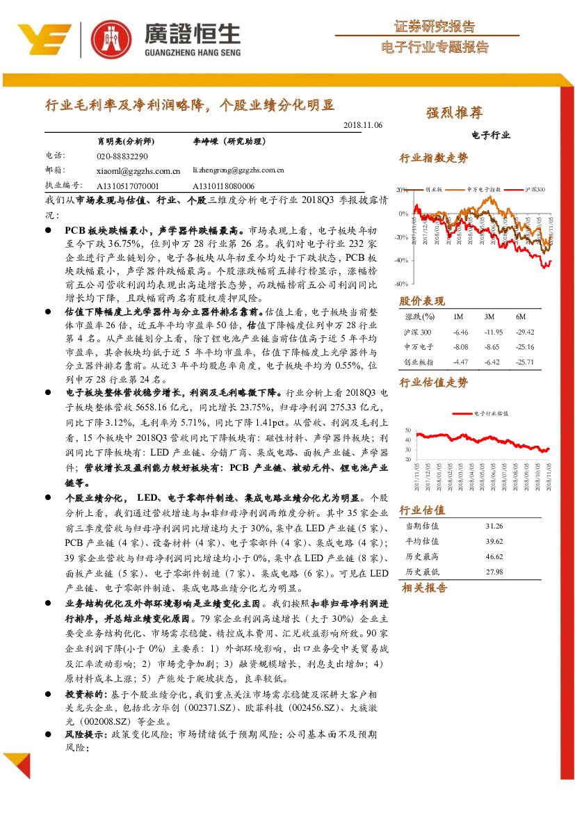 广证恒生证券研究所：电子行业专题报告：行业毛利率及净利润略降，个股业绩分化明显