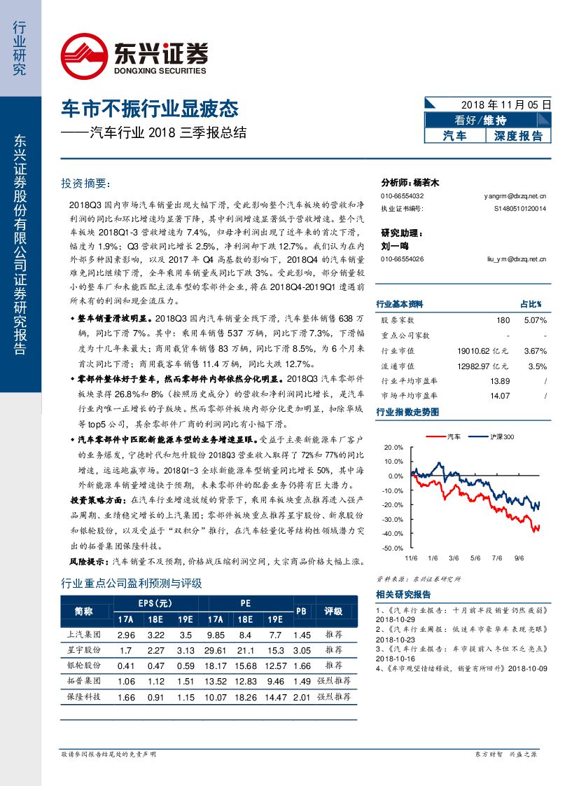 东兴证券：汽车行业2018三季报总结：车市不振行业显疲态