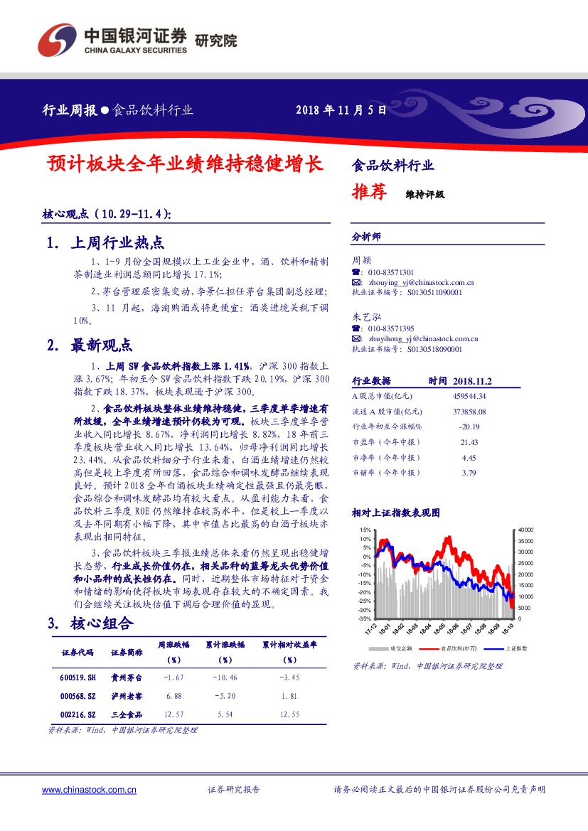 中国银河：食品饮料行业周报：预计板块全年业绩维持稳健增长