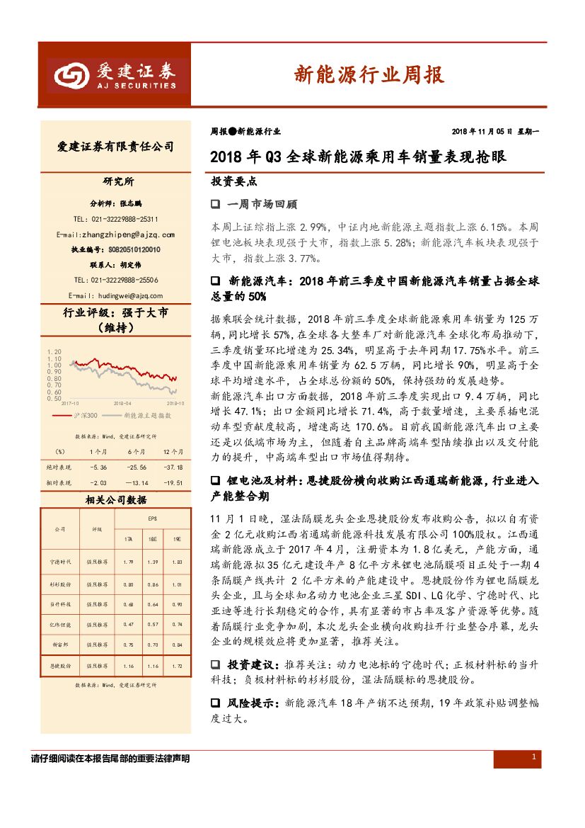 爱建证券：新能源行业周报：2018年Q3全球新能源乘用车销量表现抢眼