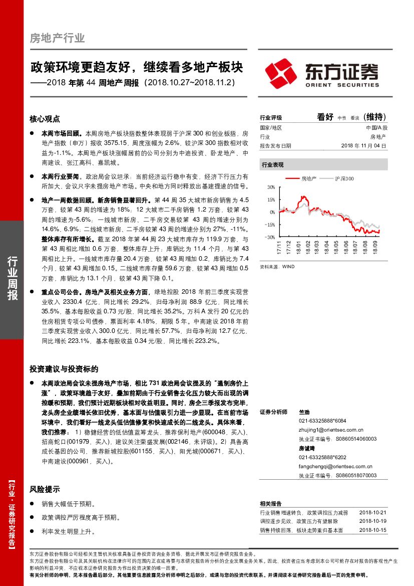 东方证券：2018年第44周地产周报：政策环境更趋友好，继续看多地产板块