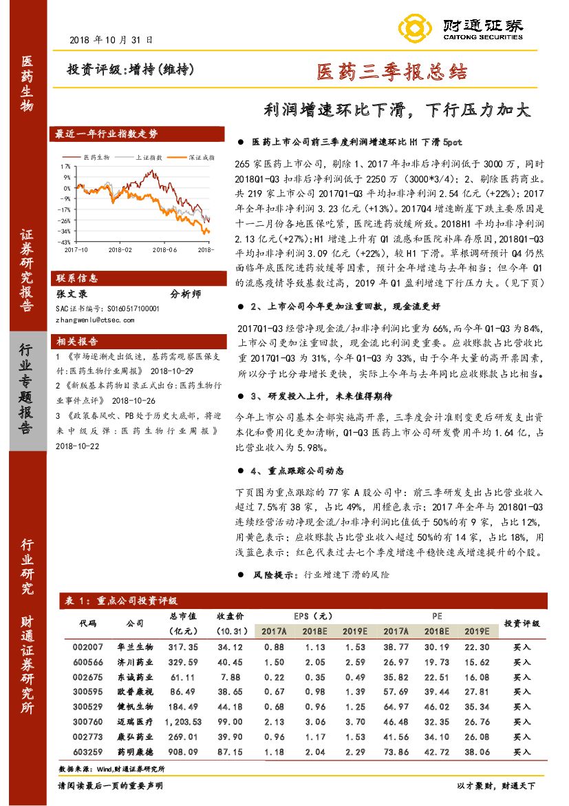 财通证券：医药三季报总结：利润增速环比下滑，下行压力加大
