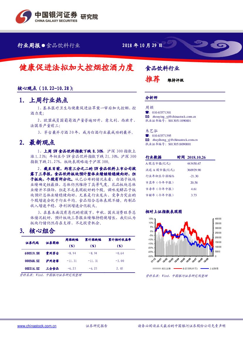 中国银河：食品饮料行业周报：健康促进法拟加大控烟控酒力度