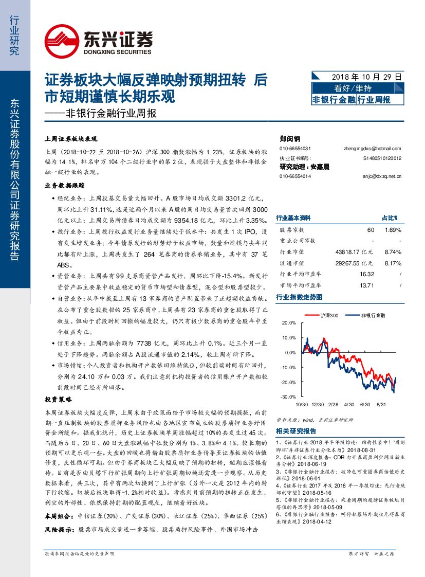 东兴证券：非银行金融行业周报：证券板块大幅反弹映射预期扭转 后市短期谨慎长期乐观