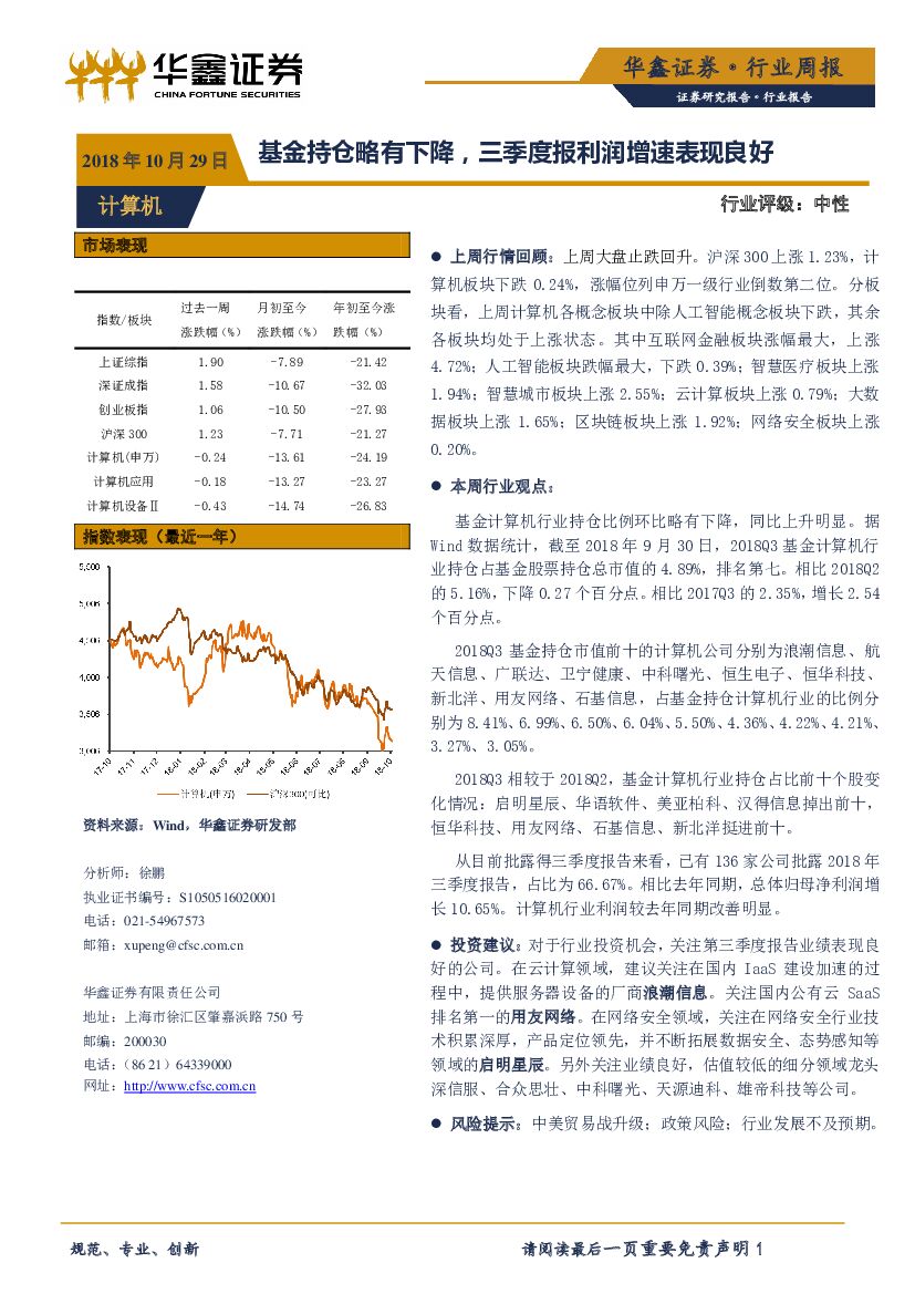华鑫证券：计算机行业周报：基金持仓略有下降，三季度报利润增速表现良好