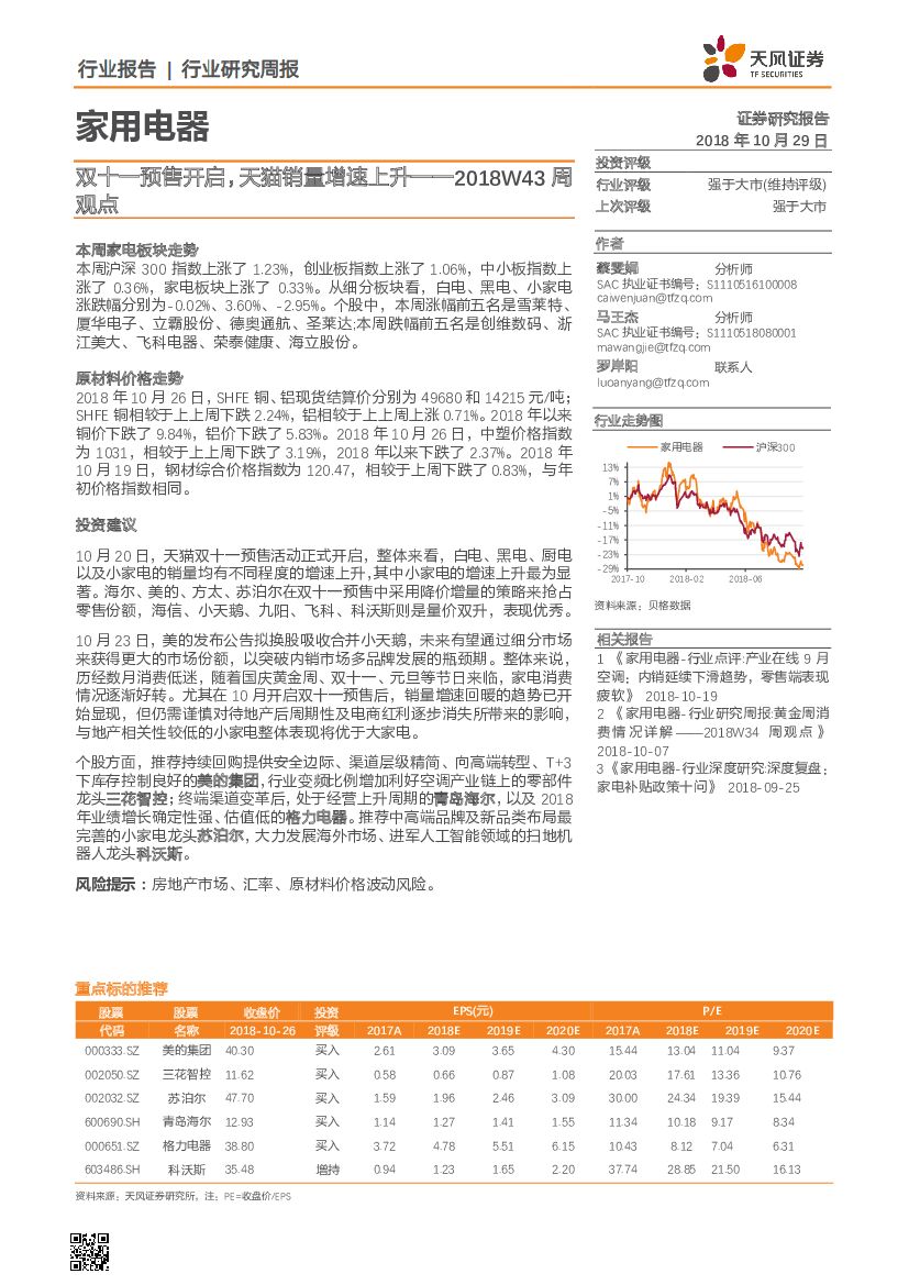 天风证券：家用电器行业研究周报：双十一预售开启 天猫销量增速上升-2018W43周观点