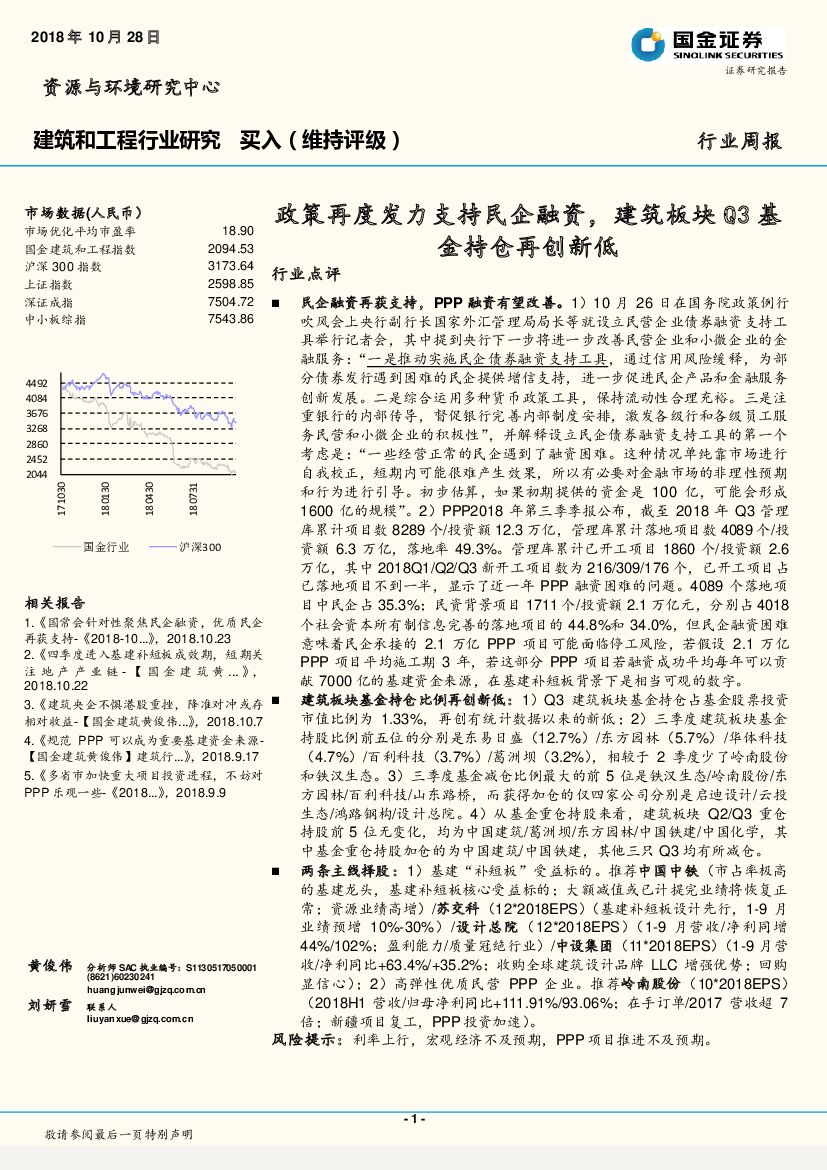 国金证券：建筑和工程行业研究：政策再度发力支持民企融资，建筑板块Q3基金持仓再创新低