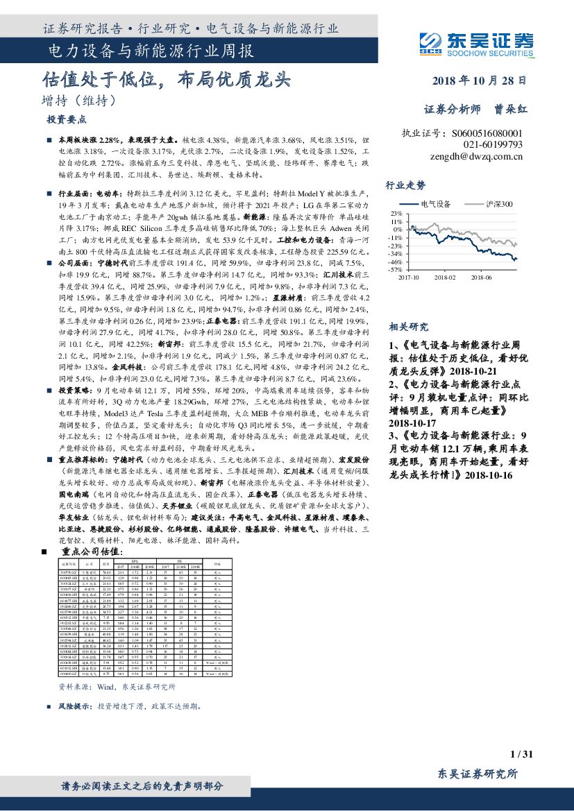 东吴证券：电力设备与新<em>能源</em>行业周报：估值处于低位，布局优质龙头 海报