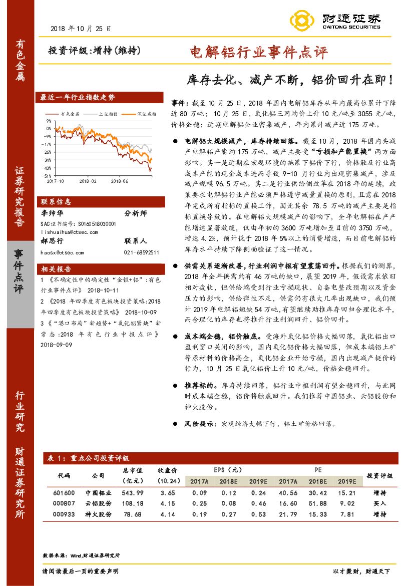 财通证券：电解铝行业事件点评：库存去化、减产不断，铝价回升在即！