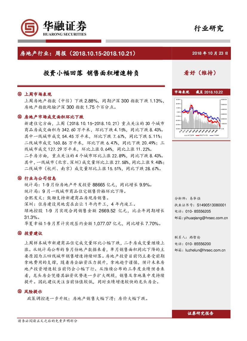 华融证券：房地产行业周报：投资小幅回落 销售面积增速转负