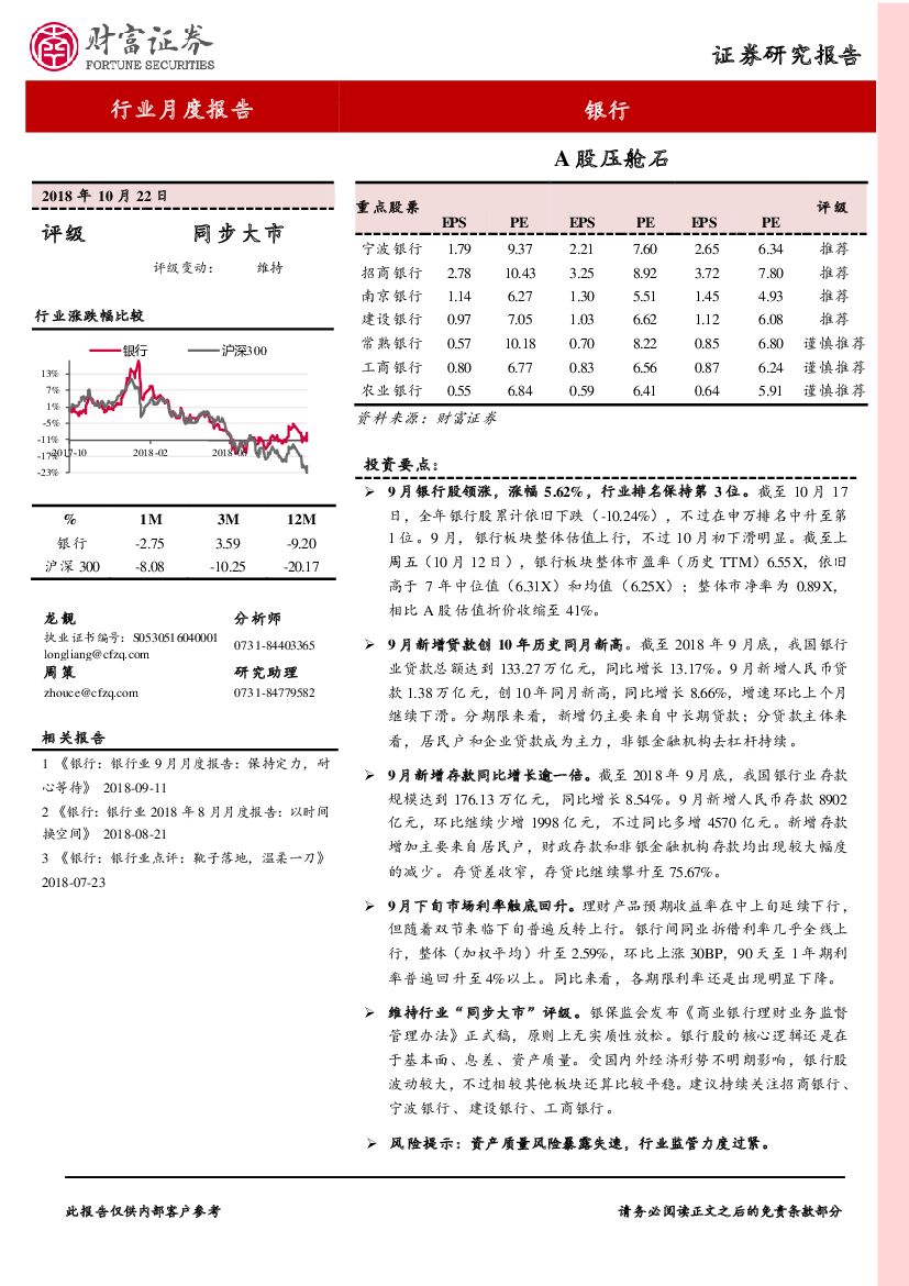 财富证券：银行行业月度报告：A股压舱石