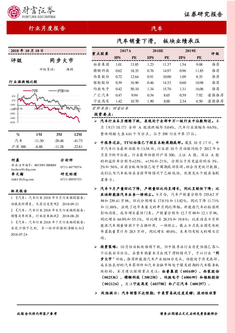 财富证券：汽车行业月度报告：汽车销量下滑，板块业绩承压