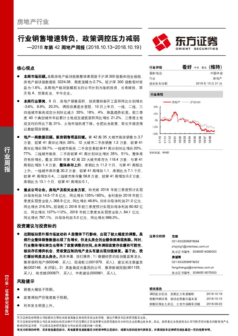东方证券：2018年第42周地产周报：行业销售增速转负，政策调控压力减弱