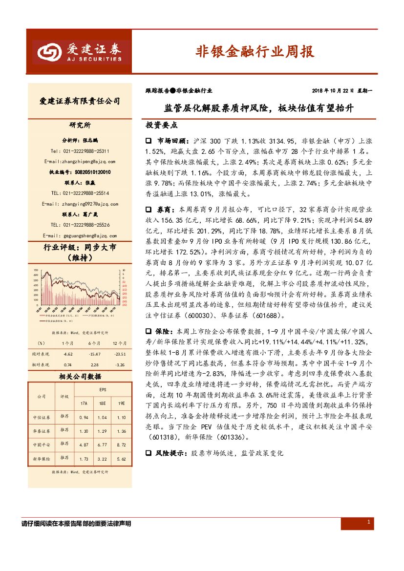 爱建证券：非银金融行业周报：监管层化解股票质押风险，板块估值有望抬升