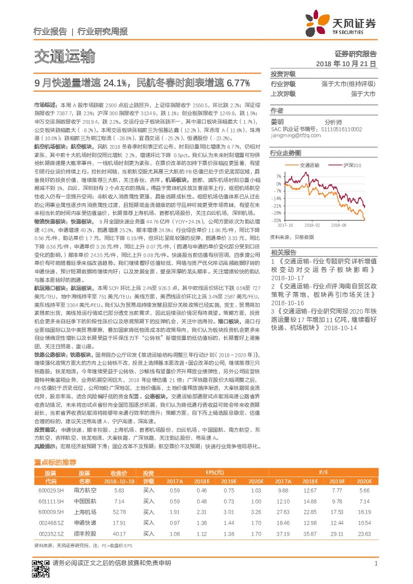 天风证券:交通运输行业研究周报:9月<em>快递</em>量增速24.1%,民航冬春时刻表增速6.77% 海报