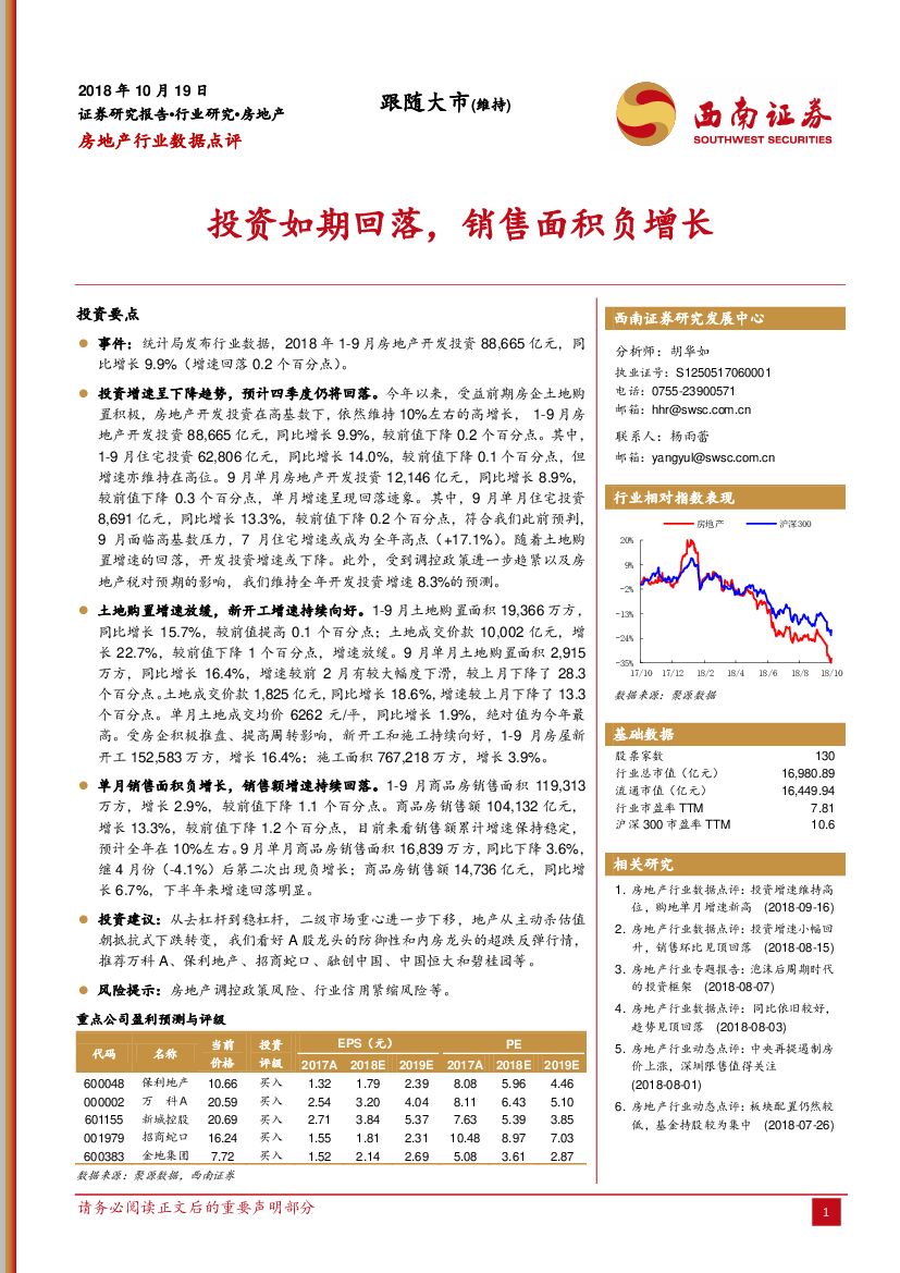 西南证券：房地产行业数据点评：投资如期回落，销售面积负增长
