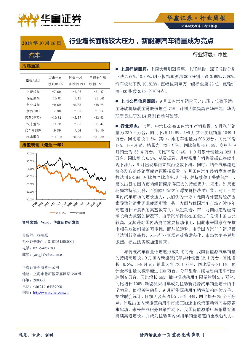 华鑫证券：汽车行业周报：行业增长面临较大压力，新能源汽车销量成为亮点
